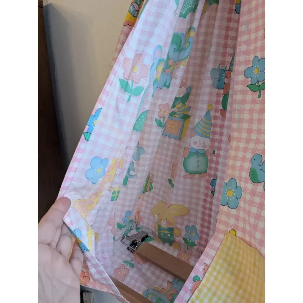 Vintage Baby Nursery Diaper Caddy Organizer Pink Gingham Bunny Kitschy Cottage